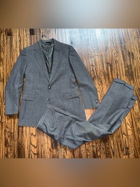 Dillards Tailored Vintage Grey Plaid 2pc Suit Jacket & Pant Set ~44L / 36x32